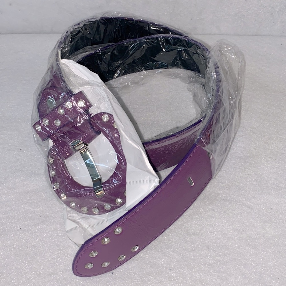 Purple Faux Leather Belt Rhinestone Buckle Western Glam New